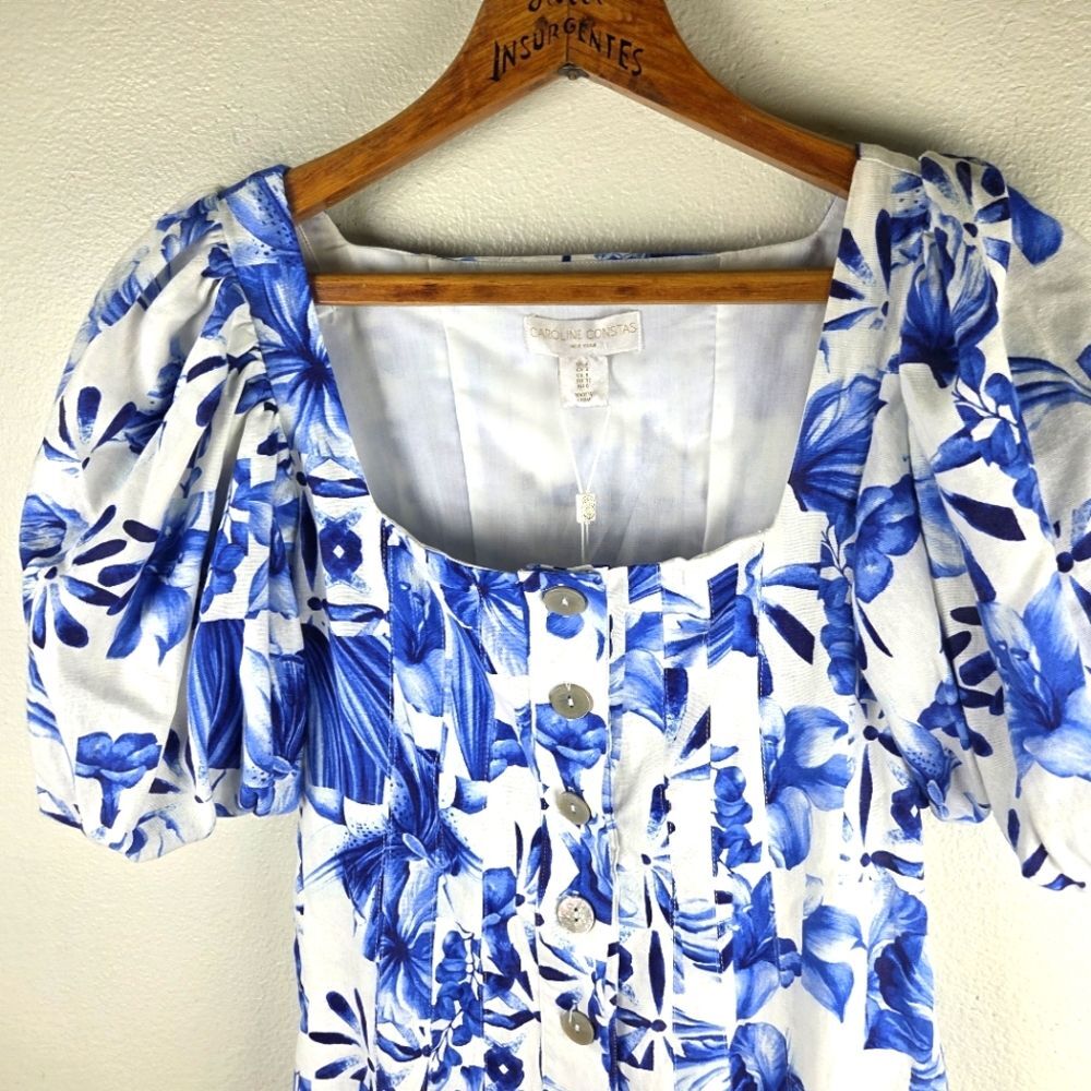 Caroline Constas NWT Linen Blend Floral Blue and White Mini Dress Size 02/XS - Picture 9 of 13